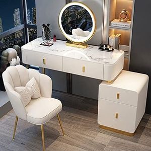 Make-Up Ijdelheid Bureau, Make-Up Ijdelheid met Verlichting En Lades, Grote Lade En Tweelaags Opbergkast Dressoir, met 4 Lades, Opbergkruk, voor Slaapkamer, Badkamer, Wit (Color : B, Size : 120CM-47