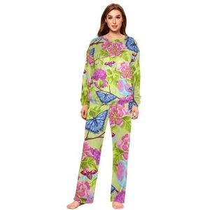 YOUJUNER Pyjama sets voor vrouwen, Robin Bird Bloemen Vlinder Winter Warm Nachtkleding Zomer Loungewear Set Pjs Nachtkleding Set, Meerkleurig, L