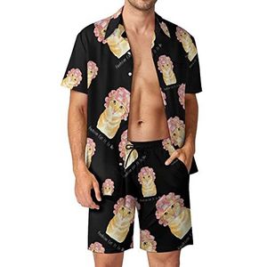 Grappig kattenhaar Hawaiiaanse bijpassende set voor heren, 2-delige outfits, button-down shirts en shorts voor strandvakantie