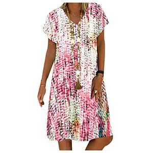 Morbuy damesjurk V-hals zomer korte mouwen casual midi-jurk chique vintage elegante zonnejurk losse T-shirtjurk zonder accessoires plus size S-5XL - roze - 4XL