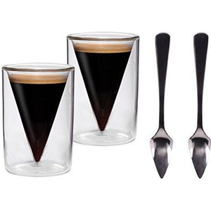 Feelino® Espressokopjes set (2 x 70 ml + 2 lepels) espresso glazen, koffieglazen, espresso kopjes, thermoglazen dubbelwandig