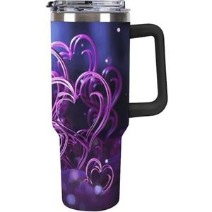 FHESDCW Fashional Paarse Harten Grote Capaciteit Auto Cup 40oz RVS Tumbler met Handvat Geïsoleerde Water Fles met Stro En Deksel Gedrukt Mokken Past in Auto Bekerhouder