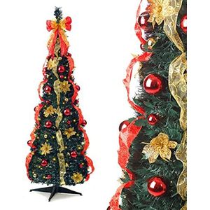 Beste kunstmatige vooraf versierde pop-up kerstboom met verlichting, 1.83 m (rood/goud)
