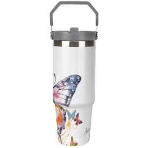 FHECVBN Grote Capaciteit Auto Cup Koffie Tumbler Aquarel Vlinder Koffie Mok Flip Stro Tumbler Rvs Cup Geïsoleerde Tumbler Travel Mok 30oz
