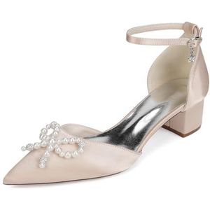 GHSIRUEU Vrouwen Parel blokhakken met strik Satijnen bruiloft schoenen voor bruid Lage hakken enkelband Pointed Toe pompen,Champagne,35 EU