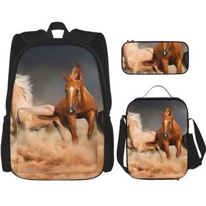 YsoLda Rugzakset, schooltas, boekentas, rugzak, 3-delige set met lunchtas, etui, galopperende bruine paarden in de woestijn bedrukt, zoals afgebeeld, Eén maat