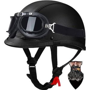 Vintage Motorhelm, Duitse Leren Open Helm, Met Bril, Vizier, Chopper, Piloot, Bromfiets, Cruiser, Scooter, DOT/ECE Goedgekeurde Jethelm 1,L