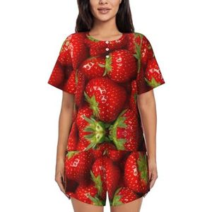 RIVETECH Pyjama met korte mouwen en rode aardbeienprint voor dames - comfortabele korte sets, nachtkleding met zakken, Zwart, S