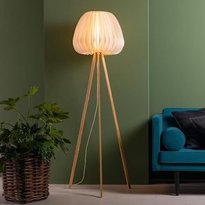 Vloerlamp - vloerlamp driepoot, Ø 62cm, voetschakelaar, E27 fitting voor max. 60 watt - bamboe/kunststof, wit
