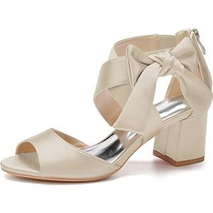Dames Trouwschoenen met open teen Enkelbandje Blok Dikke hak Bruidssandalen Achterkant Rits Feestjurk Pumps,Champagne,35 EU
