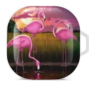 Roze flamingo vogels paars landschap oordopjes hoesje compatibel met Samsung hard shell beschermhoes witte stijl