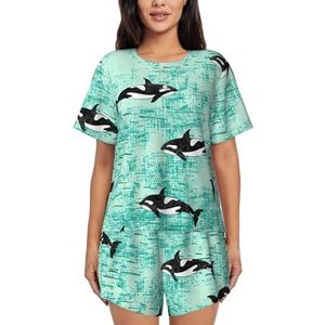 YQxwJL Pacific Ocean Biologische Print Vrouwen Pyjama Sets Shorts Korte Mouw Lounge Sets Nachtkleding Casual Pjs Met Zakken, Zwart, L