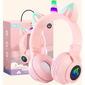 OHAANYY Kattenoor hoofdtelefoon kinderverjaardag geschenken kind led kattenoren eenhoorn Bluetooth draadloze over-ear stereo microfoon met LED-licht voor mobiele telefoon tablet pc (roze)