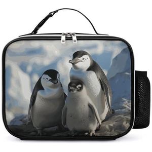 Pinguïn Ouders En Kuikens Antarctica Grote Lunchbox Herbruikbare Geïsoleerde Lunch Tas met Water Flessenhouder Draagbare Waterdichte Lekvrije Lunch Tote Tas voor Vrouwen Mannen Werk Reizen Picknick