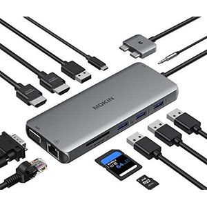 MOKiN - USB C Hub Adapter - 12-in-1 - Voor MacBook Pro/Air - Dual HDMI 4K 60Hz - VGA - Ethernet - AUX - 100W PD Opladen