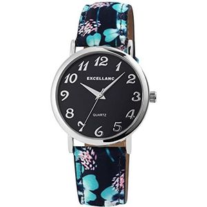 Excellanc Design Mode dames armband horloge zwart blauw bloemen motief parelmoer analoog leer imitatie kwarts 91900177007, blauw, Riemen.