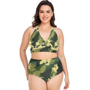 Cartoon Camouflage Patroon Groene Vrouwen Bikini Sets Plus Size Badpak Twee Stukken Hoge Taille Strandkleding Meisjes Badpakken, Pop Mode, 4XL