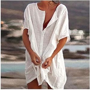 Strandjurk voor dames, zee, sexy badpak, strandjurk, katoen, casual badpak, lange blouse met korte mouwen, effen strandjurk (kleur: wit, ja