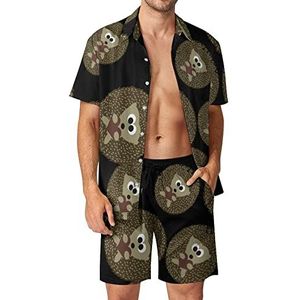 Hedgehugs Bruine Egel Hawaiiaanse Sets voor Mannen Button Down Korte Mouw Trainingspak Strand Outfits S