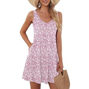 AUSELILY Zomerse casual swingjurk voor dames, mouwloos, V-hals, T-shirtjurk met zakken, Roze kleine bloem, M