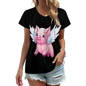 Flying Pig Dames V-hals T-shirts Leuke Grafische Korte Mouw Casual Tee Tops M