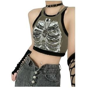 Punk Retro Skeleton Print Rib Mouwloos Vest Legergroen Crop Top Kleding Dames