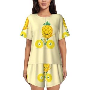 RIVETECH Pineapple Bike Print Dames Korte Korte Mouwen Pyjama Sets Korte Sets, Pjs Pyjama Lounge Shorts Set, Zwart, S