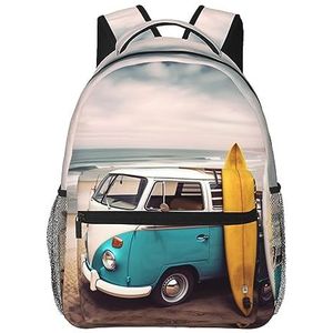 Vintage Van In The Beach Met Een Surfplank Gedrukt Reisrugzak, Lichtgewicht Casual Laptop Dagrugzak Leuke Wandelen Rugzakken Tas Voor Vrouwen Mannen, Zwart, One Size