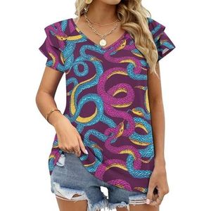 Slangenpatroon Grafische Blouse Top Voor Vrouwen V-hals Tuniek Top Korte Mouw Volant T-shirt Grappig