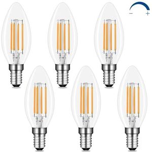 Akynite Gloeilamp kaarsvorm E14 dimbaar warm wit 2700 K, 400 lm, AC 230 V, C35 E14 4W retro filament LED vervanging E14 40W, decoratie E14 kaars LED dimbaar helder warm wit, set van 6