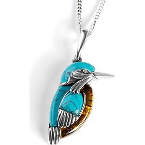 Kleine Kingfisher Vogelketting in 925 zilver, Turkoois en Baltische Amber 16,5"" zilveren ketting met geschenkdoos