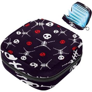 Maandverband Opbergtas Menstruatie Cup Pouch Meisjes Reizen Grote Capaciteit Make-up Maandverband Organisator, Halloween Skeletten Rode Schedel