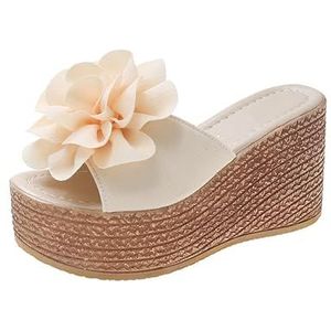 Dames Elegante Slippers Met Bloemen Retro Sleehak Slippers Zomer Peep Toe Slippers 2024 Nieuwe Platform Sandalen for Outdoor Vrije Tijd Strandschoenen (Color : White, Size : 38 EU)