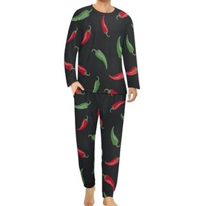 Rode en groene paprika's comfortabele herenpyjama set ronde hals lange mouwen loungewear met zakken 4XL