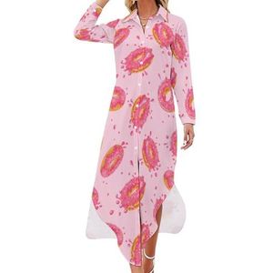 Roze Sweet Donuts Print Lange Mouw Maxi Shirt Jurken voor Vrouwen Casual V-hals Knoop Blouses L