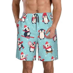Winter Kerst Pinguïns Print Heren Zwemmen Shorts Trunks Mannen Sneldrogende Ademend Strand Surfen Zwembroek met Zakken, Wit, XXL
