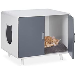 Relaxdays kattenbak ombouw, met deuren, op pootjes, van hout, HxBxD 59 x 71,5 x 56 cm, kattenhuis voor binnen, wit/grijs