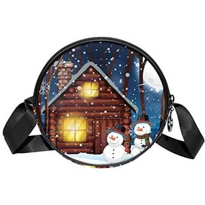 Ronde Crossbody Tas Messenger Bag Purse voor Vrouwen Kerst Kerstman Sneeuwpop Cabin in de Winter Hout, Meerkleurig, 6.7x6.7x2.3 in, Sling Rugzakken