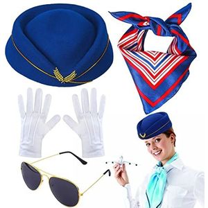 Elinrat Stewardess Cosplay set - stewardess vrouwen hoed sjaal accessoires - kostuumset voor dames, zachte stewardess cosplay-set in verschillende stijlen voor vrouwen, rollenspel