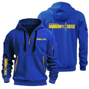 AHYAOFA R.a.in.bo.w S.IX S.ie.g.e Sweatshirt met capuchon voor heren, comfortabel, sportief, jas met capuchon, lange mouwen, halve ritssluiting, blauw-3, 38-40 Alto