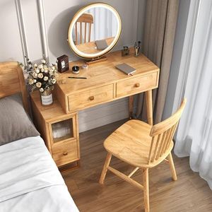 Kaptafel met spiegel en lades, houten make-up bureau voor slaapkamer kleedkamer, huismeubilair slaapkamer make-up kaptafel kruk set, voor slaapkamer meisje vrouwen(Original Wood)