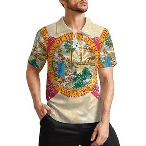 Retro Florida staat vlag heren golfpoloshirts klassieke pasvorm korte mouw T-shirt gedrukt casual sportkleding top 3XL
