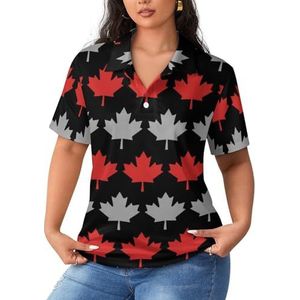 Grijs en rood Canada esdoorn dames poloshirts met korte mouwen casual T-shirts met kraag golfshirts sport blouses tops 3XL