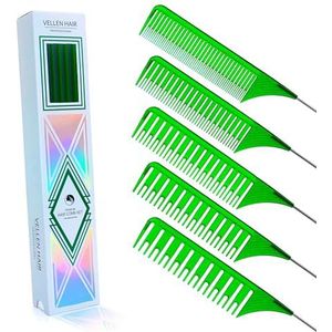 Vellen Hair Set strengen, hittebestendig, van PEI-materiaal 220 °C, professionele kammen voor balayage, steelkam, 5 maten (groen transparant)