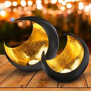 Set van 2 moderne decoratieve kandelaars, theelichthouder, maanvormig, 20 cm, goud, herfstdecoratie, windlicht, zwart, voor buiten, goud, binnen, Oosterse windlichten, kandelaar van metaal als