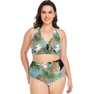 Jungle Palm Leaf Luipaard Dier Vrouwen Bikini Sets Plus Size Badpak Twee Stukken Hoge Taille Strandkleding Meisjes Badpakken, Pop Mode, XXL