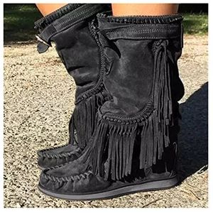 Retro Western Cowboy Laarzen Met Franjes Vrouwen Vintage Suède Laarzen Herfst Winter Warme Lange Schacht Snowboots Vrouwen Casual Slip-on Schoenen (Color : Black, Size : 39 EU)