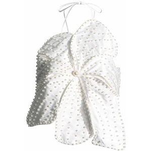 Bloem Top, Vrouwen Solid 3D Flower Pearl Beaded Halter Top Asymmetrische Hem Drawstring Backless Tank Tops (Color : White, Size : S)