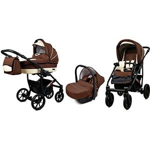 BabyLux Largo 3 in 1 Baby Reis Systeem Kinderwagen Autostoel Afneembare Regenhoes Voetenzak Dragende Wielen Pasgeborene tot Baby Brown Cream Black Frame