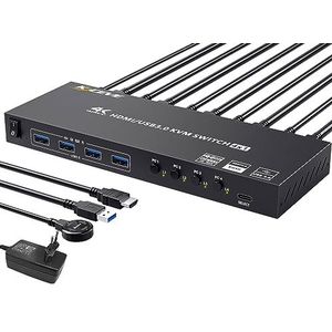YOUTINGHDAV USB 3.0 KVM-switch, HDMI 4-poorts, 4K @60Hz Simulation EDID, KVM-switch, 4 pc's, 1 monitor, HDMI 2.0, KVM-switches, delen 4 USB 3.0-apparaten, kabelloze muis, toetsenbordprinter, bekabelde afstandsbediening en 5 kabels